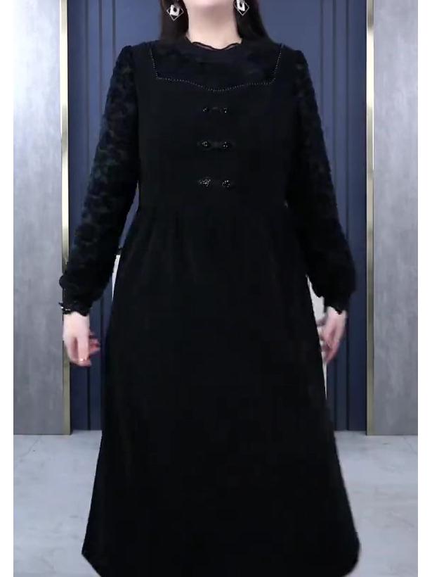 Spring High-End Water-Soluble Jacquard Lace Retro Frog Closure Faux Two-Piece Dress, Plus Size for Middle-Aged Women