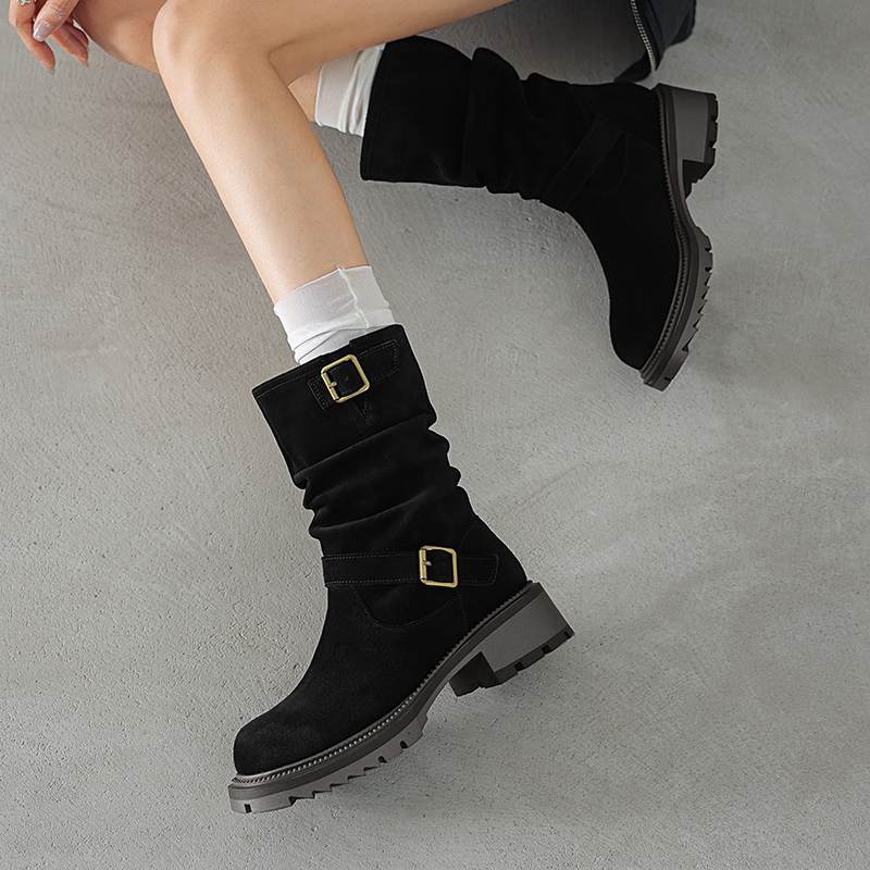 Krazing Pot Cow Suede Nubuck Winter Round Toe Western Boots Med Heels Slip On Metal Buckles Women Mid-calf Boots