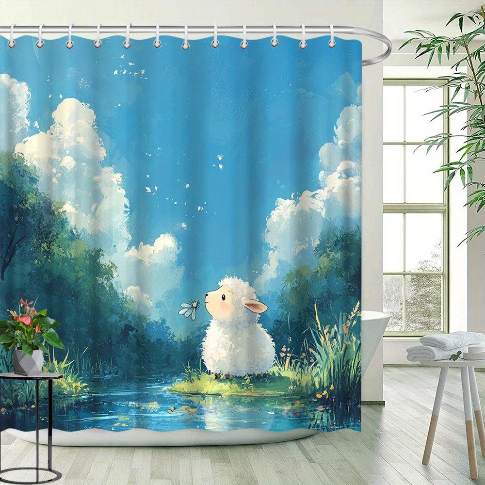 Cartoon Landscape Animal Shower Curtain - Sheep & Blue Sky, Green Trees, Creative Design, Polyester Fabric, Bathroom Decor