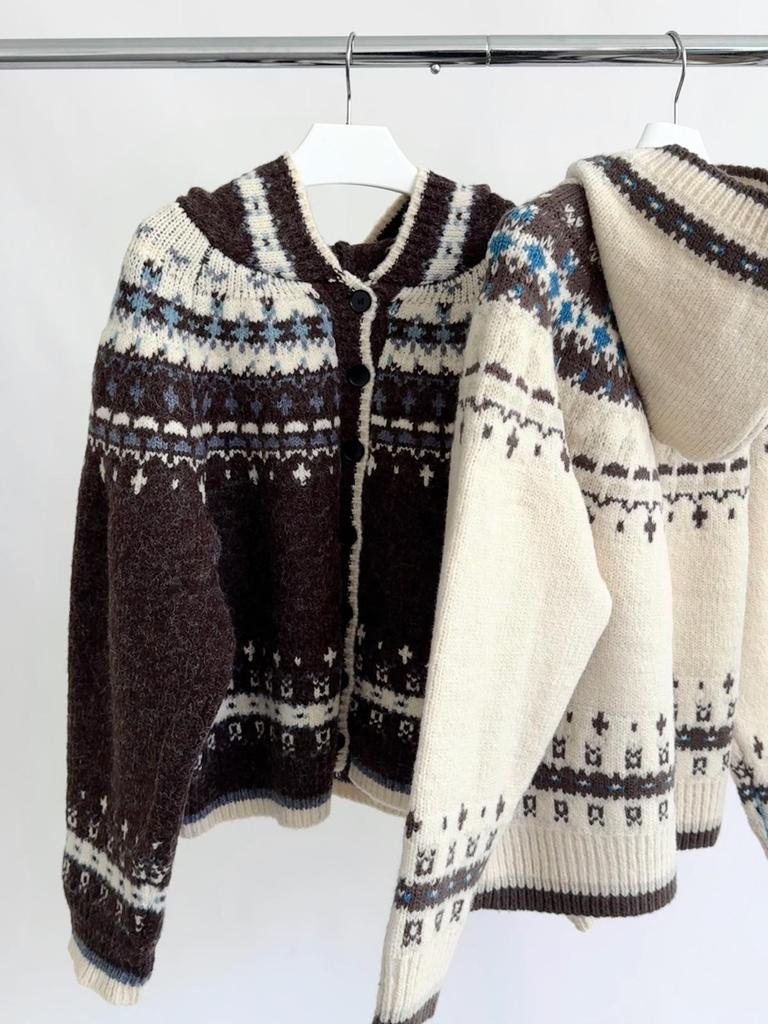 Dorothy Fair Isle Retro Pletený kardigan s kapucí - Dámský zesílený svetr ke všemu