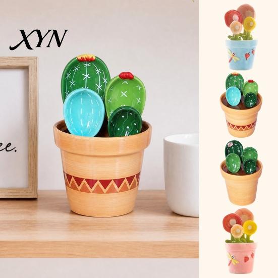 Coffee And Tea Measuring Spoons 4Pcs Flower Set, Ceramic Nesting Cups with Stand, Pot Spoon Set Cute Kitchen Baking Tool for Tea, Gift Bakers Utensil