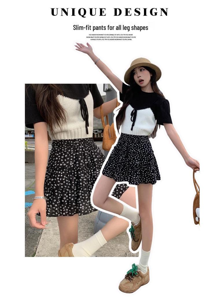 Women's French Floral A-line Cake Skirt - Summer Korean Style, High Waist, Slimming, Elastic Waist, Petite Half Skirt