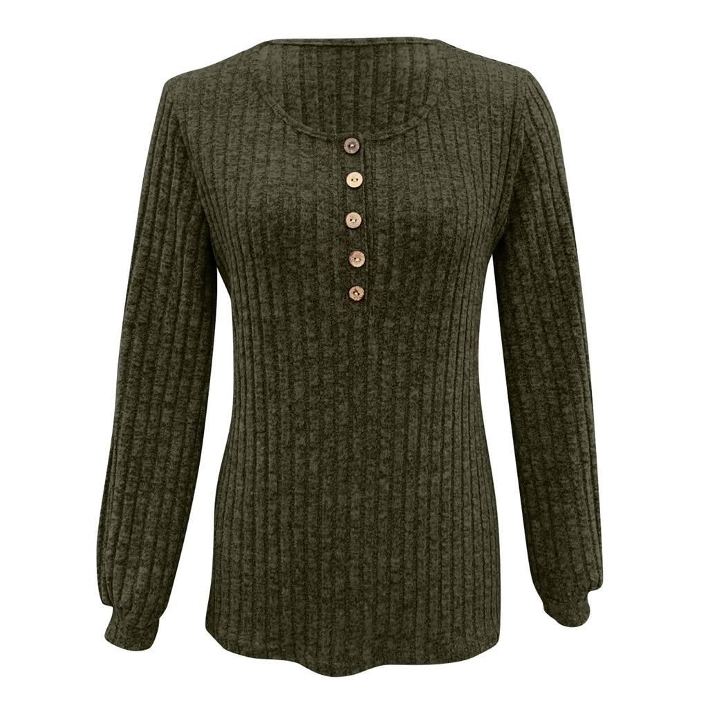 Women's Casual Solid Button Round Neck Sanding Sweatshirt Long Sleeve Top