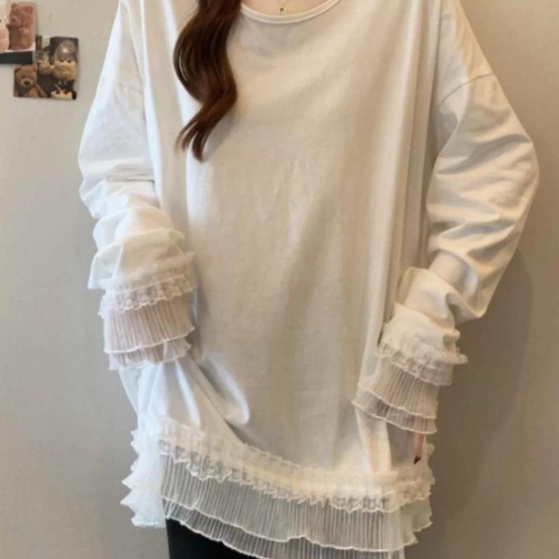 Lace Patchwork White French Terry Long Sleeve T-Shirt S белый