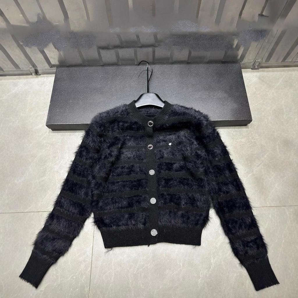 Xiangjia Mink Fur Color Block Striped Cardigan Sweater - Autumn/Winter, Round Neck, Long Sleeve, Loose Fit.