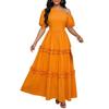Summer Bohemian vacation style solid color irregular collar bubble short sleeve multi-layer lace long dress