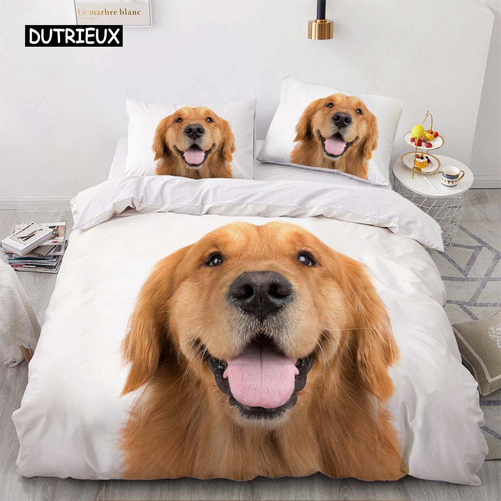 Lovely Animal 3D Bedding Sets White Duvet Quilt Cover Set Comforter Bed Linen Pillowcase King Queen 200*220cm Size Dogs Pets Dog