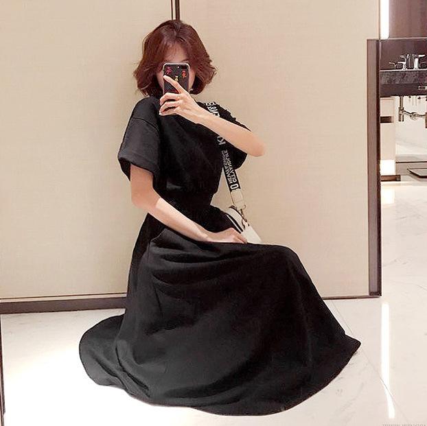 Černé letní šaty v korejském stylu s vysokým pasem 2024 – krátké rukávy, kulatý výstřih, velký lem