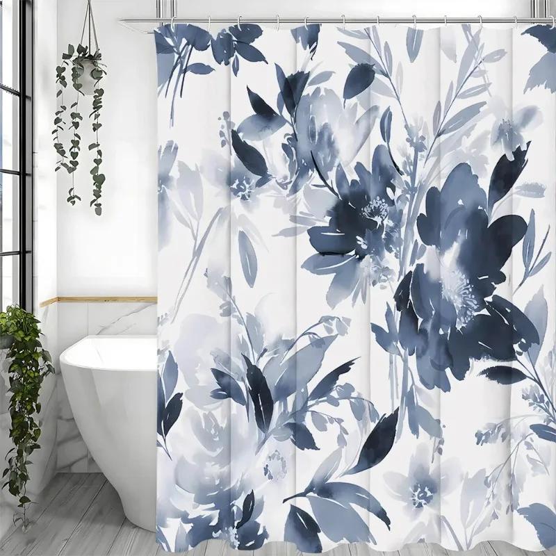 Monika Chen Blue Watercolor Floral Modern Abstract Navy Flower Shower Curtain, Bathroom Decorative Shower Curtain, Waterproof Shower Curtain