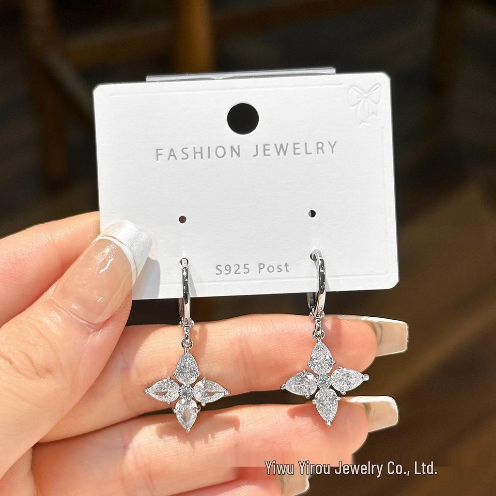 Elegant Four-Leaf Flower Zircon Ear Hooks: Chic and Versatile High-End Earrings for Women