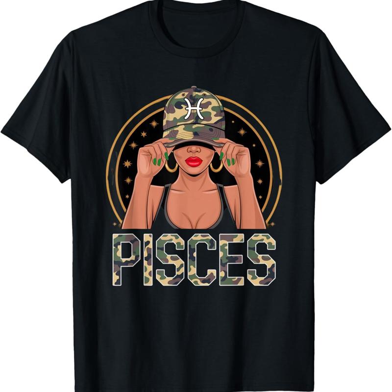 Afro African Zodiac Camo Cap Girl Pisces Queen Black Woman T Shirt