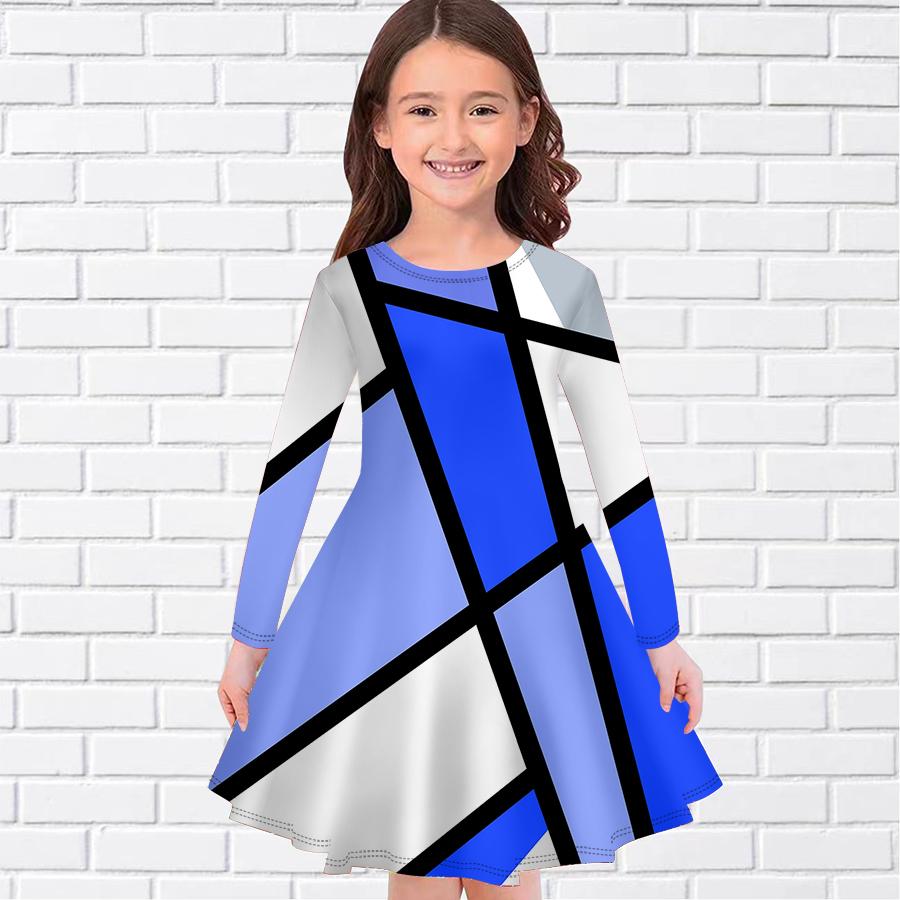 

Повседневное платье для девочки с геометрическим рисунком и сеткой, круглым вырезом и длинными рукавами, детское платье принцессы 100 синий