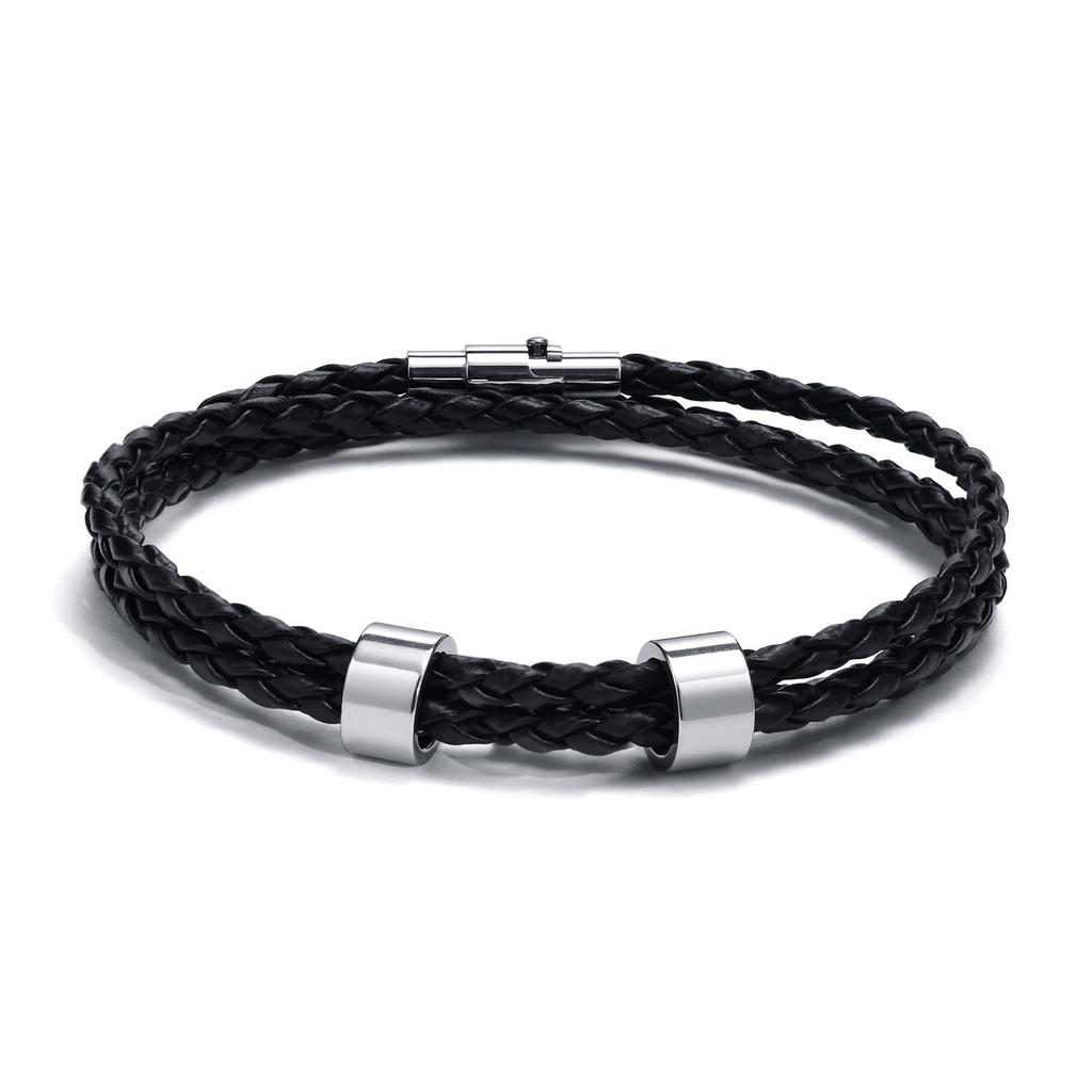 Vnox Free Custom Name Mens Braided Genuine Leather Bracelet Gifts Jewelry,Stainless Steel Beads Charm with Family Names,Dad Gift