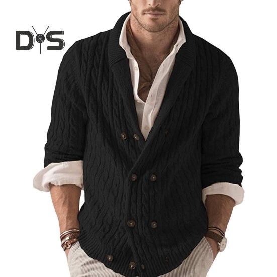 Осень-зима мужской свитер двубортный с пуговицами и лацканами длинные рукава скрученная фактура однотонное толстое эластичное трикотажное пальто S чёрный 2688₽