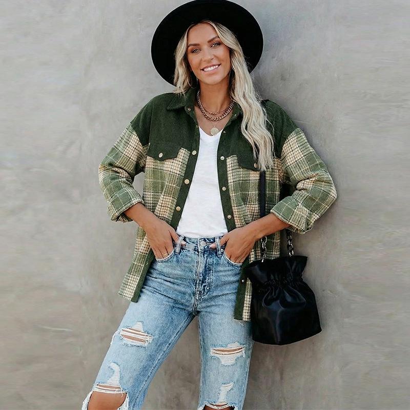 Casual Layering Shirt for Women -plaid Printedd Loose Long Sleeve Lapel Corduroy Shirt Jacket