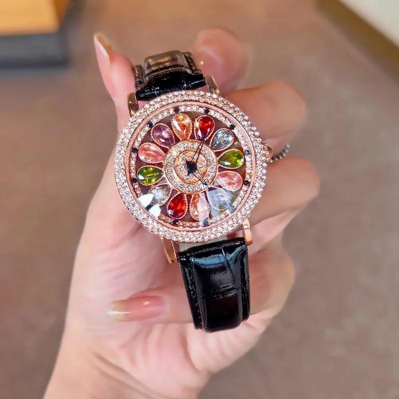 1pc Dazzling and Fashionable Women Quartz Watches with Colorful Rhinestone Inlay, Featuring An Alluring Rotatable Dial, Durable