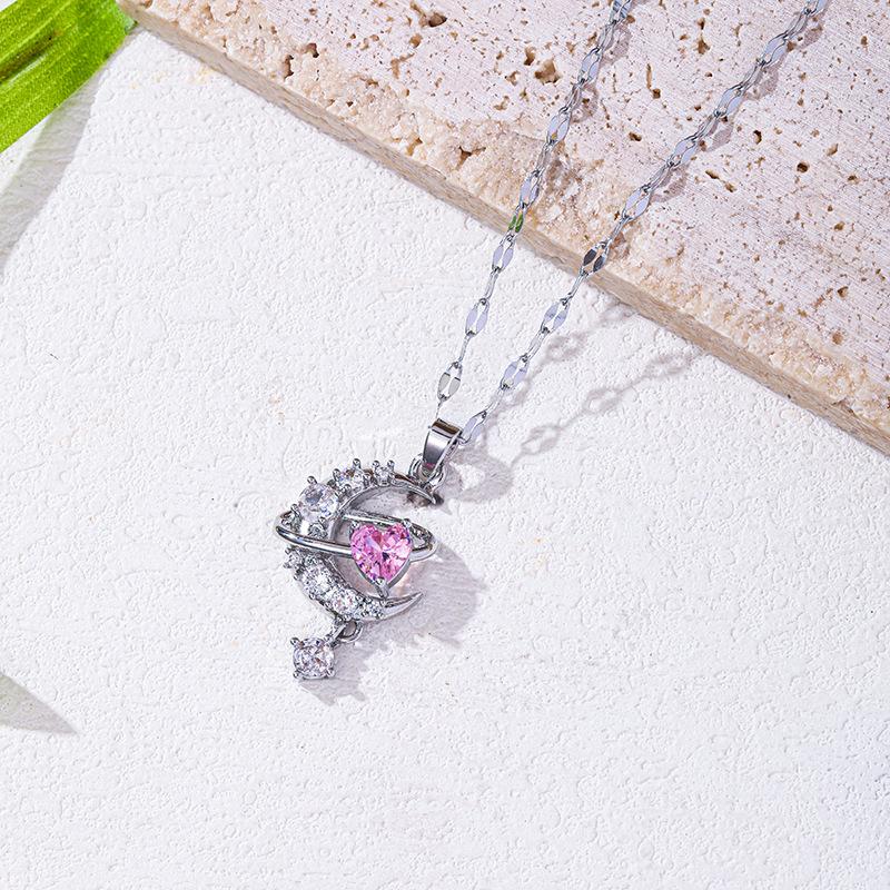 

Moon Love Necklace Women S Premium Sense Simple Versatile Inlaid Pink Zircon Pendant Accessories
