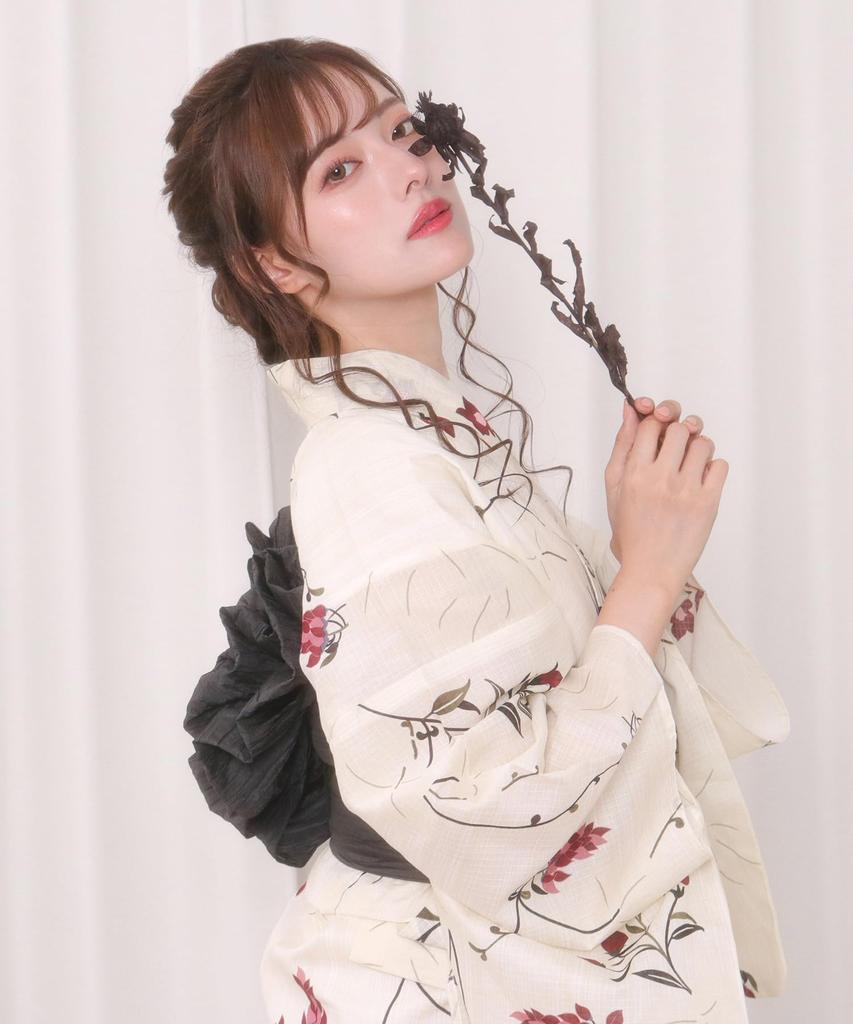 Yukata change set heiko E kudzu and red one size fits [KYOETSU] set, weave, unbleached, 2-piece (yukata, obi), women's (7. bellflower, all)