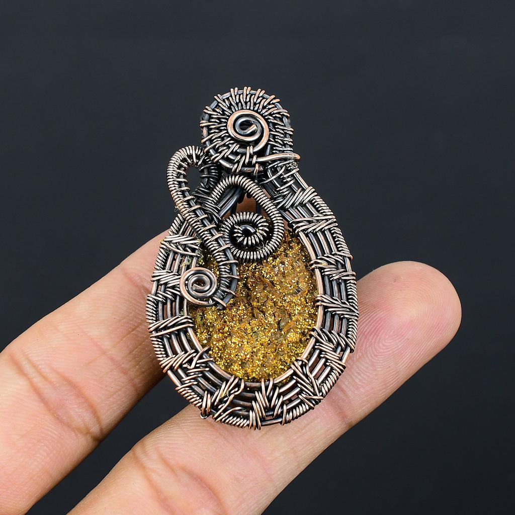 Natürlicher goldener Titan-Druzy, handgefertigter Kupferdraht-Wickelanhänger, 5,5 cm, T3v82