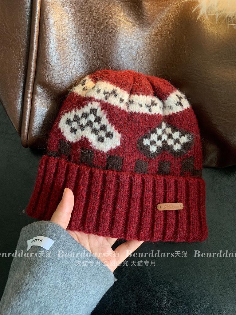 American retro color wool knitted wool hat women's season thickened warm ear protection show face small pullover cold hat