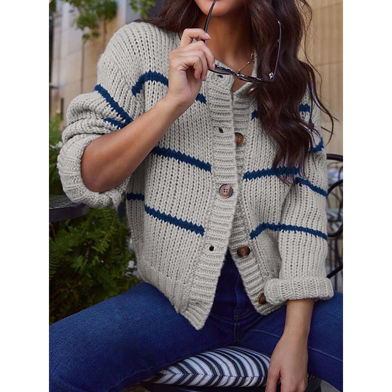 Female Knitted Striped Sweater Cardigans Tops Outfits Women Casual Long Sleeve Fashion Loose Sweater Coat Winter