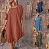 Spring Summer Women's Retro Cotton Hemp Mid Sleeve Round Neck Solid Color Loose Large Swing Casual Dresses