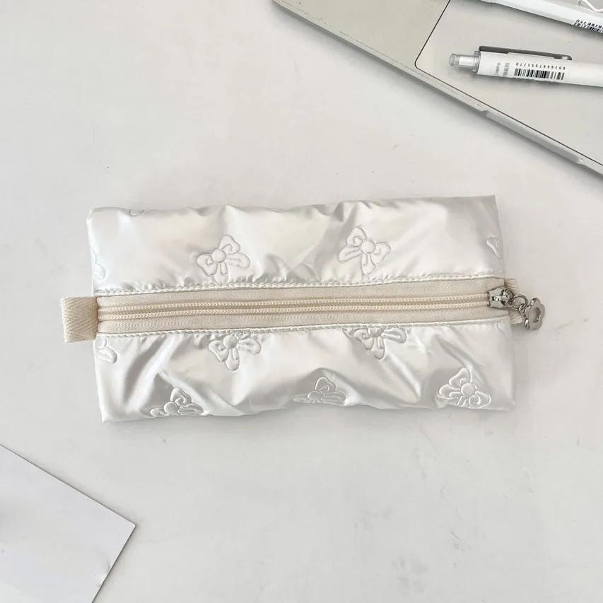 Women Makeup Brush Pouch Waterproof Student Pencil Case Pen Box Girls Cute Bow Stationery Organizer Girls Zipper Coin Purse