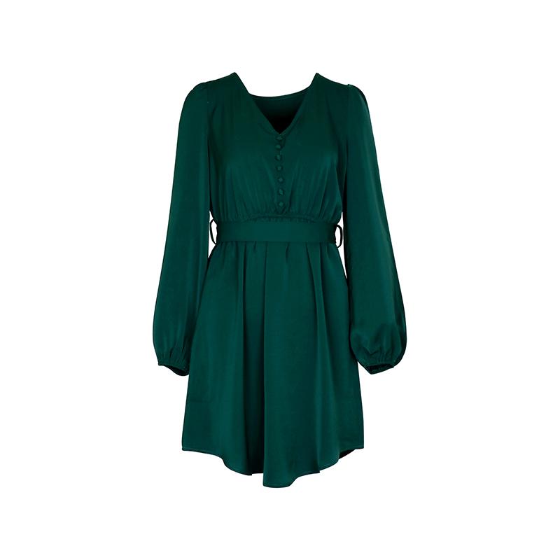 Women Spring Solid Color V Neck Long Sleeve Lace Up All Match Chic Dresses