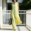 Women's 2 Piece Sets Color Block Sleeveless Button Down Shirts Matching Long Pants with Pockets Summer Casual Vacation Outfits