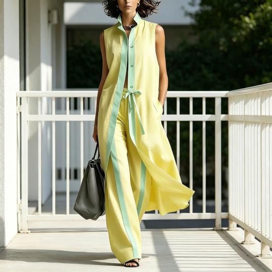 Women's 2 Piece Sets Color Block Sleeveless Button Down Shirts Matching Long Pants with Pockets Summer Casual Vacation Outfits