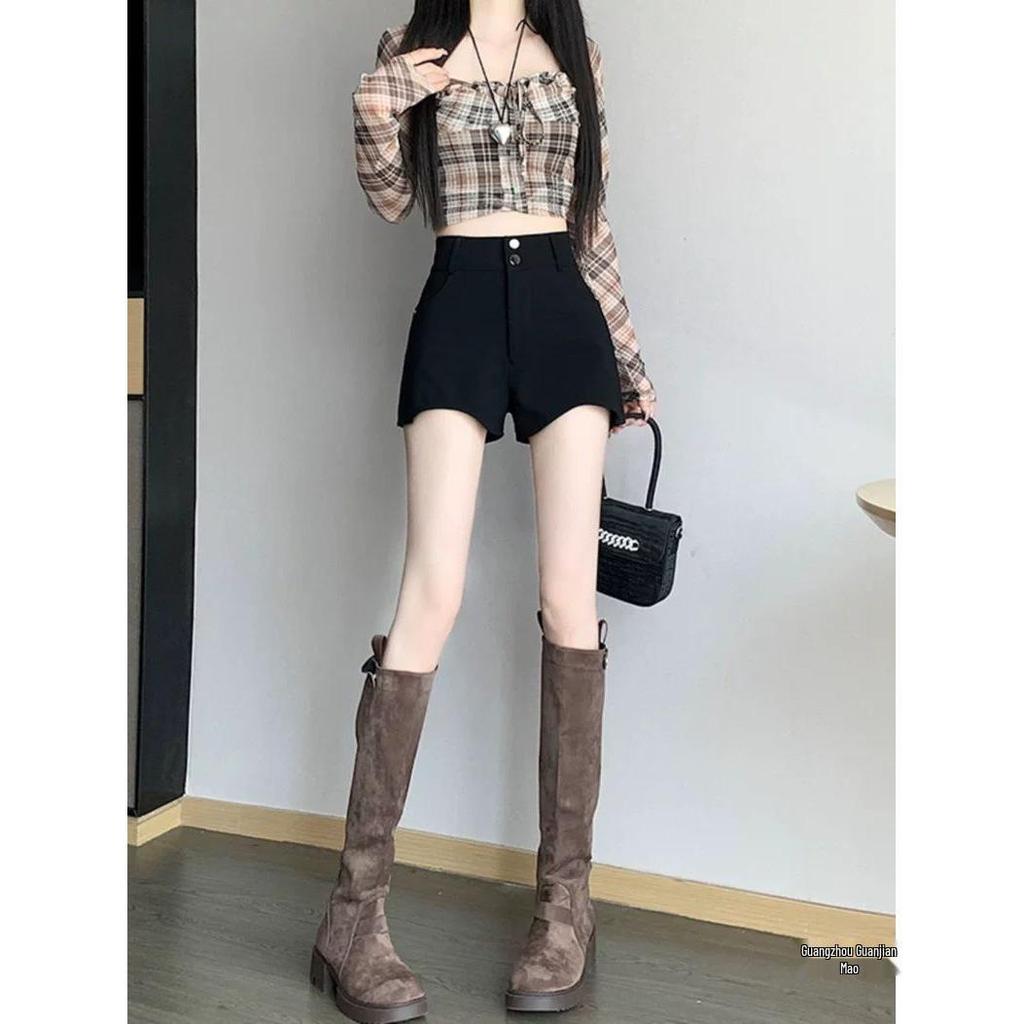 Women's High Waist A-Line Black Suit Shorts - Slim Fit, Stretchy Boot Pants for Spring 2026