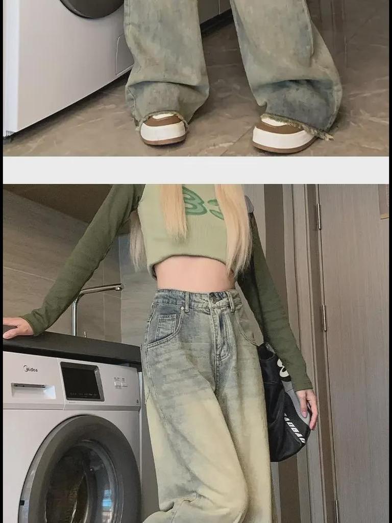 Damskie dżinsy retro z wysokim stanem, szerokimi nogawkami w amerykańskim stylu, z efektem postarzenia - mały rozmiar, luźny prosty krój, surowe wykończenie, idealne na jesień.