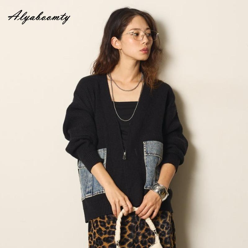 Koreanische Mode Herbst Winter Damen Strickjacke V-Ausschnitt Schwarz Grau Aprikose Gestrickte Oberbekleidung Lässig Locker Damen Denim Patchwork Stilvoller Mantel