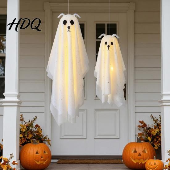 Glowing Ghost for Front Door 3 Pcs Lighted Dog Hanging Ornaments Spooky Halloween Outdoor Flying Decorations Gauze with LED Light Tree Porch
