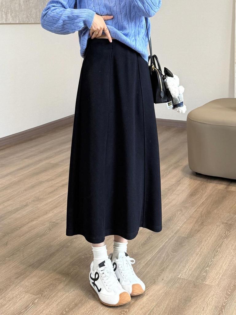 Wool-Blend 6-Panel Skirt with Elastic Waist and Hidden Inner Fold, Autumn/Winter Style