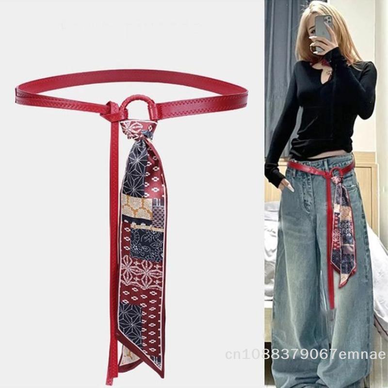 Y2K Punk Girls PU Leather Belt with Silk Scarf Waist Rope Bohemian Style Accessory for Women Decorative for Jeans And Dresses