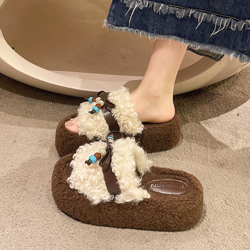 Teddyfell Pantoffeln mit dicker Sohle, flauschig, für draußen, Herbst und Winter 2025, neu, mit Gürtelschnalle, Schleife, Heimplüsch-Baumwollpantoffeln