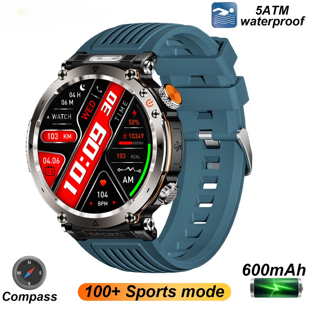 2025 Nowy Smartwatch Outdoorowy 5ATM Męski 600mAh Latarka LED Smartwatch Kompas Połączenie Bluetooth Tętno IP 68 Sportowy Smartwatch