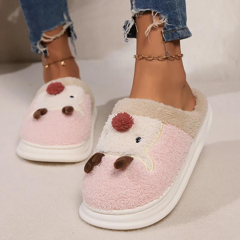 Fashion Winter Warm Cartoon Elk Fluffy Slippers Women Platform Non Slip Home Cotton Shoes Woman Thick Sole Cute Plush House Slippers