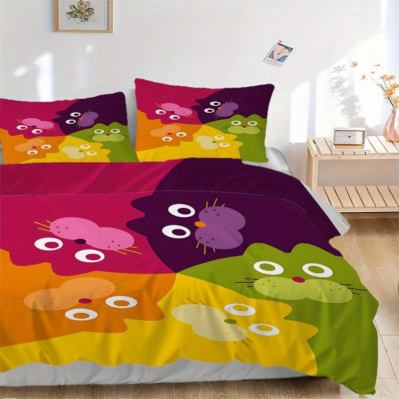 

3pcs Colorful Cats Bedding Set, Ideal for Home Use, Suitable for Bedroom Decor (1*Duvet Cover + 1/2*Pillowcases, No Core) yy250821191 135x200cm