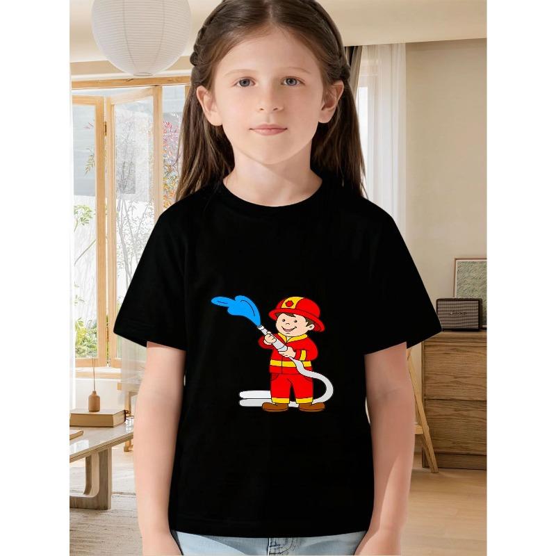 

European sizes Cute Short-Sleeve T-Shirt for Girls Featuring a Cartoon Firefighter Design, Perfect for Fun Clothing 98cm чёрный
