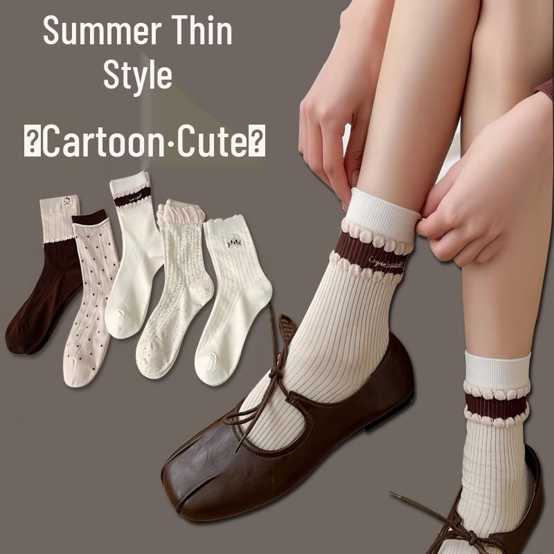 

Women s Mid-Calf Dot Mesh Cartoon Embroidery Socks - Combed Cotton, Fresh & Versatile Sweet Style, Trendy Ins Xiaohongshu. One Size