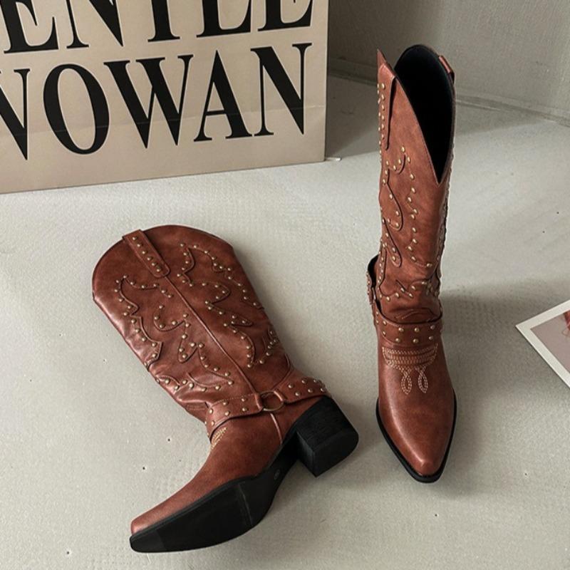 Women's Western Cowboy Boots Fashion Knee-high Boots Retro Rivet Knight Boot Luxury Pointed Leather Boots for Women Botas Mujer