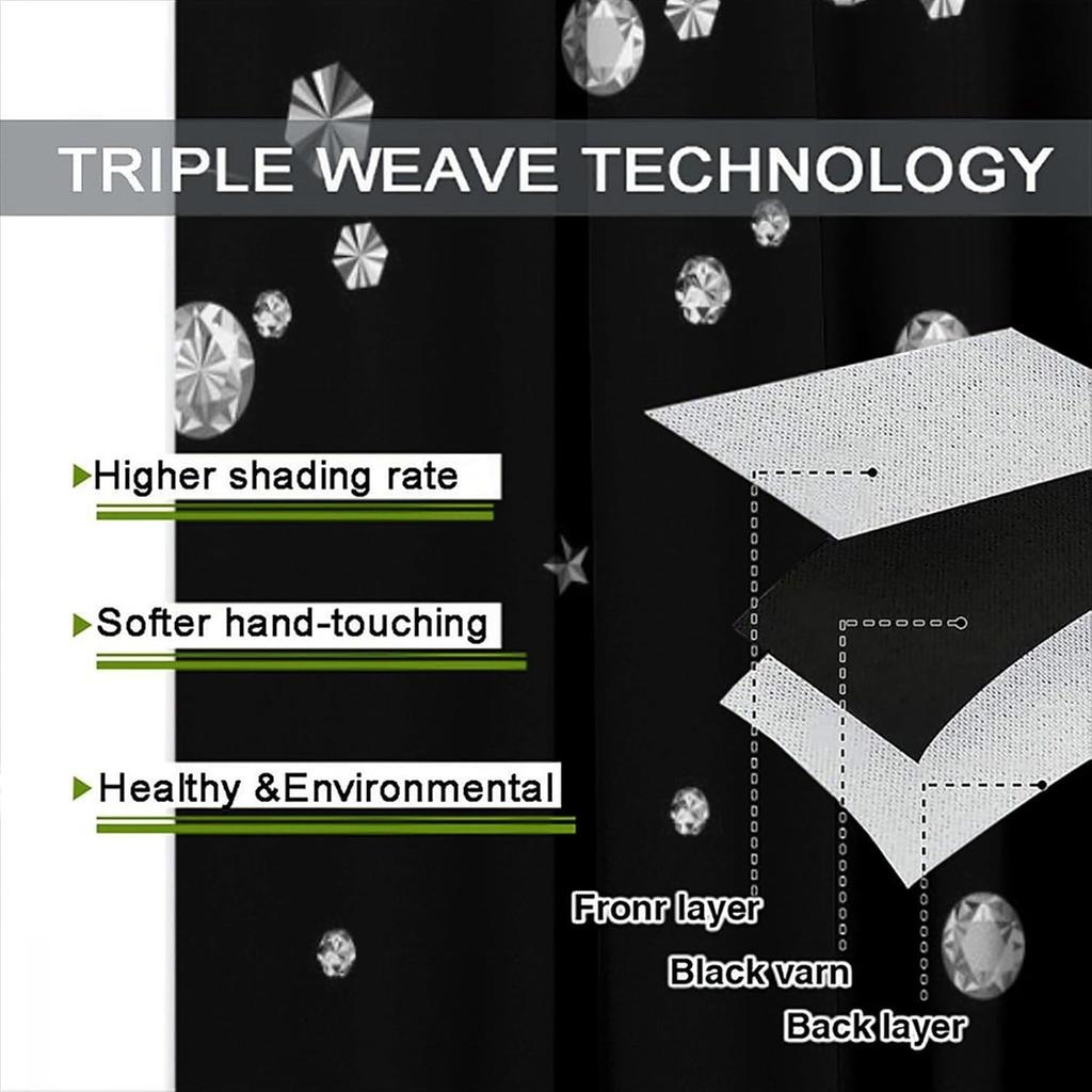 Unique 3D Printing Jewelry Falling Curtains Diamonds Black Backdrop Curtain with Rod Pocket for Bedroom Living Room Kitchen Home
