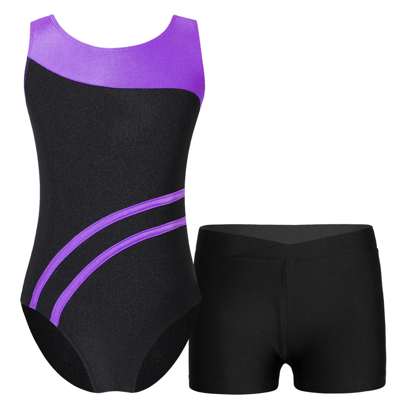 

Детский купальник без рукавов для девочек с вырезом сзади, контрастного цвета, шорты с V-образным поясом спереди для спортивных тренировок по гимнастике 7-8 Years фиолетовый