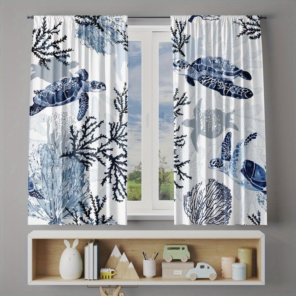 2 Panels Sea Turtle Printed Curta Ocean Coral Window Drapes Polyester Living Room Bedroom Coastal Home Decor