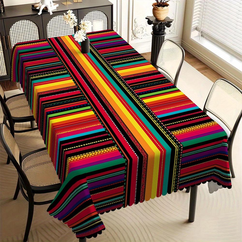 1 stuks Mexicaans Carnaval Kleurrijk Streep Print Tafelkleed, Rechthoekige Tafelhoes voor Huis Eetkamer Keuken Hotel Feest Decoratie & Cadeau 140x140cm