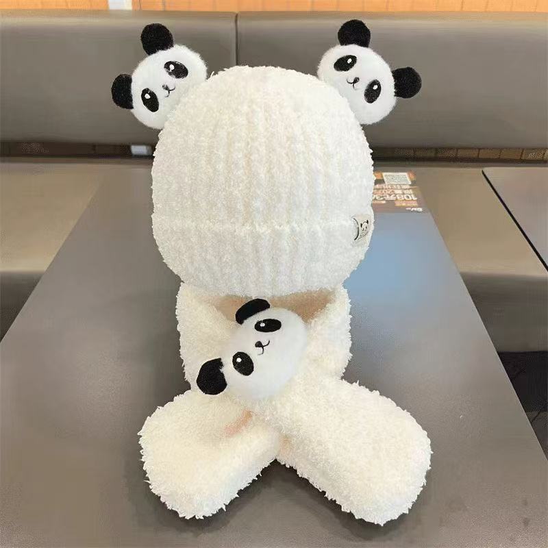 Baby hat scarf two-piece set season boys and girls cute panda plush thickened warm baby pullover hat