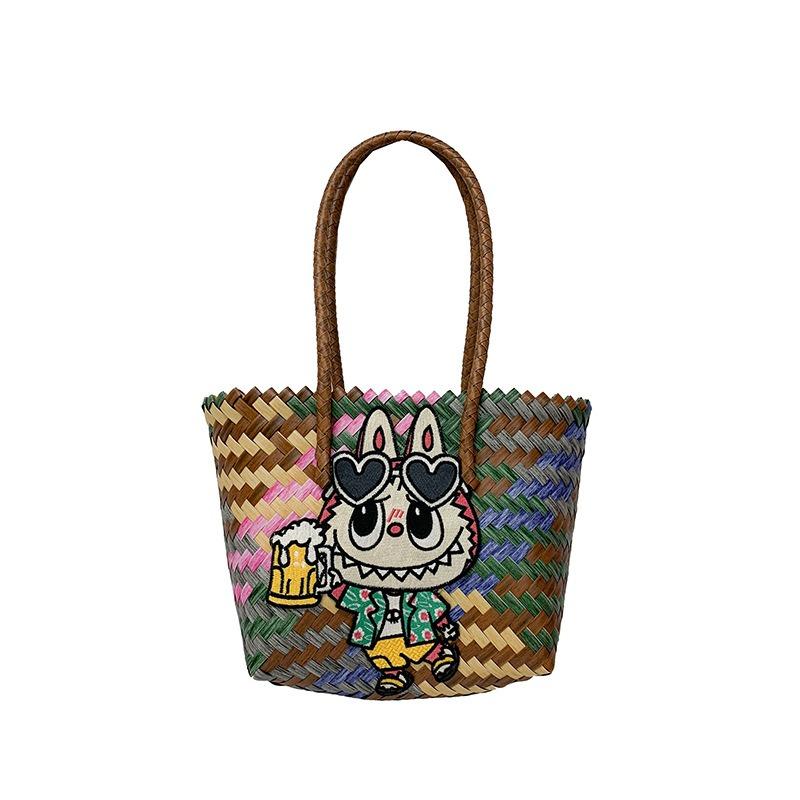 

Популярная женская плетеная сумка-корзина для овощей ручной работы с милым кроликом от Bubble Mart, мультяшная сумка для通勤, полностью ручная работа, плетение из ротанга, женские сумки через плечо