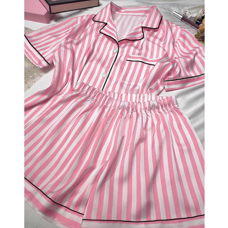 Women's Summer Pink Stripe Ice Silk Short Sleeve Pajama Set for Indoors and Outdoors